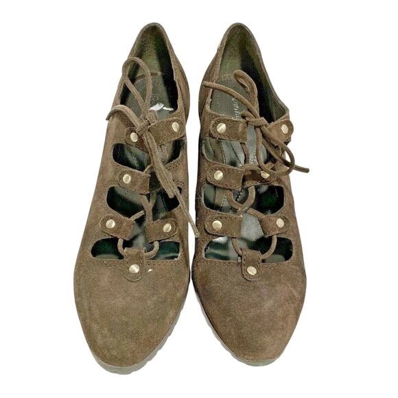 Enzo Angiolini brown suede lace up high heels Ghillies tire tread soles US 8.5M - Picture 2 of 10